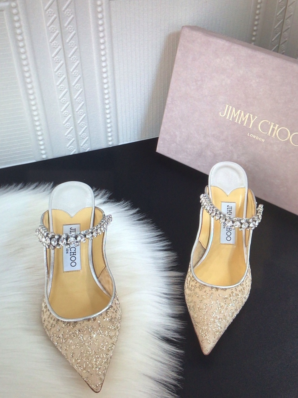 Jimmy Choo Glitter Pointed Toe Crystal-Embellished Mules in Champagne Gold